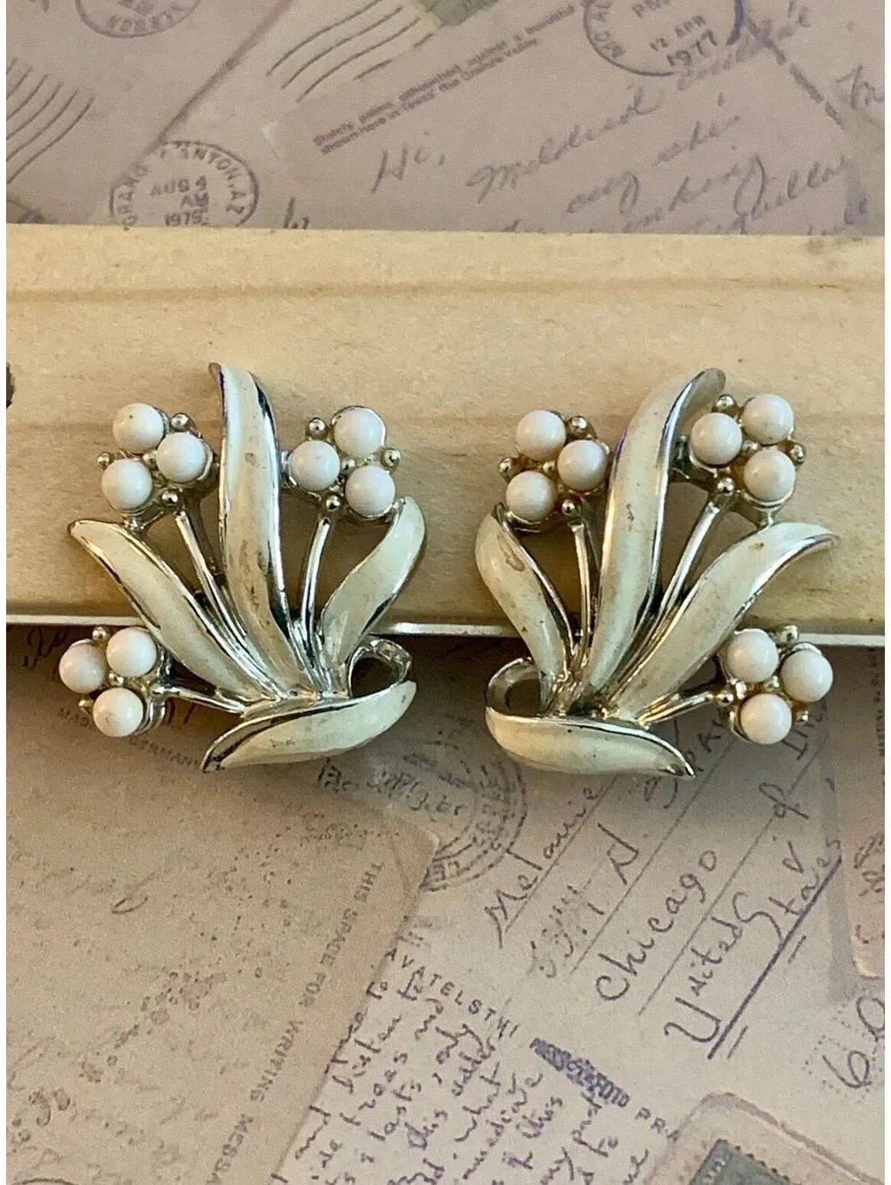 Signed Coro Vintage Chice Floral Clip-On Earrings with Pearly White Accents